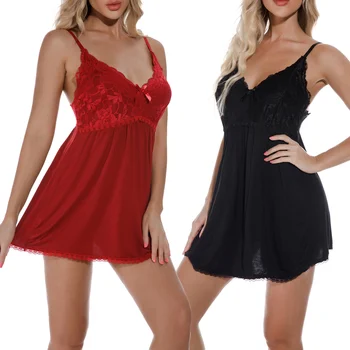 Moterims Seksualus Dviejų dalių naktiniai drabužiai Nustatyti vientisos Spalvos Giliai V-kaklo Slydimo Suknelė ir Kelnaitės Juoda/ Vyno Raudona/ Balta