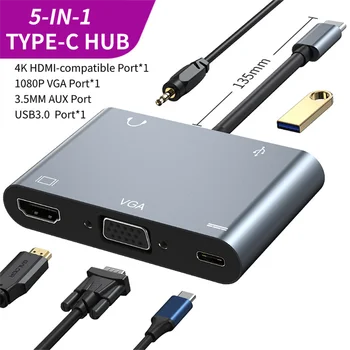 4 In 1, USB, C Hub-VGA-HDMI-USB 3.0 Adapteris PD Docking Station 