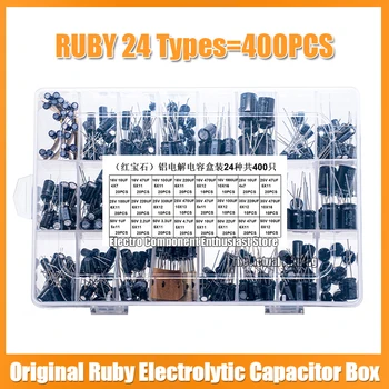 400PCS 24 Rūšių Importuotų Ruby Elektrolitinius Kondensatorius Nustatyti 1UF-1000UF Mėginio Langelį, Dažniausiai Naudojamos techninės Priežiūros