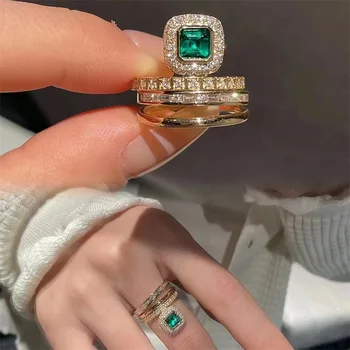 Brangakmeniais, deimantai Retro-padengta 18k auksu smaragdas žiedas moteriška dviejų dalių žiedo atidarymo reguliuojamas temperamentas Joker