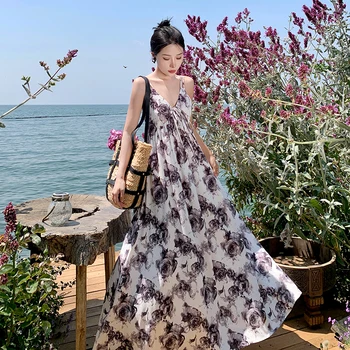 2023 Naujas Vasaros Backless Midi Moterų Slydimo Atostogų Suknelės Retro Laisvi, Chalatas, Paplūdimio Ilgai Sundress Korėjos Elegantiškas Tingus Prabangos Stilius