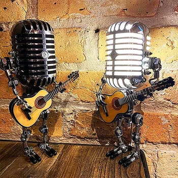 Derliaus Mikrofonas Robotas Su Gitara, Metalinės Figūrėlės Interjero Darbalaukio Naktį Lempa Usb Įkrovimo Ornamentu Namų Figūrėlės Apdaila