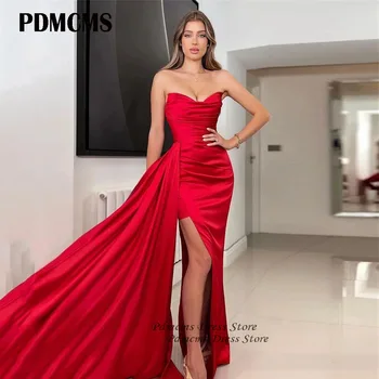 PDMCMS Raudona Satino Undinė Vakare Šalis Suknelė Stebėjimo V Kaklo Prom Dresses Aukšto Pusėje Padalinta Klostes Rankovių Garsenybių Suknelės