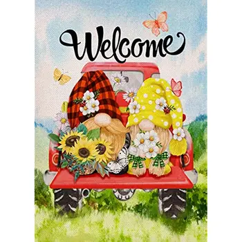 Naujų Namų Dekoro Sveiki Atvykę Pavasario Gnome Pora Sodo Vėliavos, Vasaros, Raudona Sunkvežimių Drugelis Kieme Daisy Gėlių Saulėgrąžų Pledas