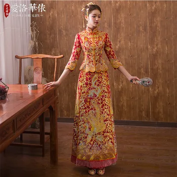 Dydis 2XL Cheongsam Tradicinę Kinų Mandarinų Apykaklės Qipao Siuvinėjimo Rytietiškų Vestuvinių Suknelių Skraiste Orientale vestido