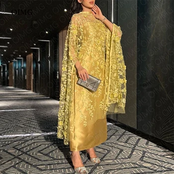 OIMG Specialios Geltona Trumpas Satino Gėlių vakarinę Suknelę Prom Chalatai ilgomis Rankovėmis, Nėriniai Dubajus Oficialų Renginį Klubas Suknelės Vestidos