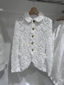 Nišą 2023 m. rudenį naujų gėlių nėrinių aplikacija baltas kostiumas striukė hollow-out striukė top moterims