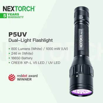 Nextorch P5UV White Light & 365nm Ultravioletinė LED Dvejopo šviesos, Žibintuvėlis, USB Įkrovimo, 360° Pasukti su 18650 Baterija,EDC