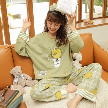 Rudenį Medvilnės Animacinių Filmų Pajama Komplektai Moterų Apatiniai Marškiniai Šviesiai Žalios Spalvos Pledas Sleepwear Ilgomis Rankovėmis Loungewear Mielas Pijama Mujer Naktiniai Drabužiai