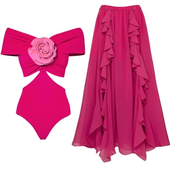 Retro Rose Red Bikini Spausdinti Mados vientisi maudymosi kostiumėlį Ir Padengti Su Sijonu Stora Moterų Tvarstis Vasaros Paplūdimio Prabangus Elegantiškas