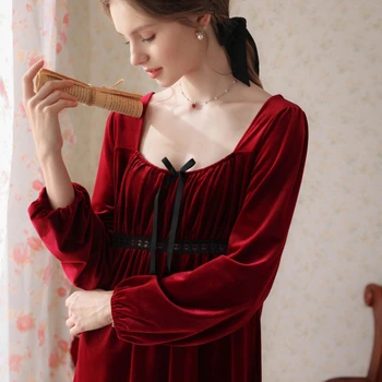Princesė Naktiniai Drabužiai Viktorijos Nightgowns Derliaus Aksomo Ilgos Nakties Suknelė Moterims Rudens Žiemos Veliūras Skraiste, Rafinuotą Stilių Sleepwear