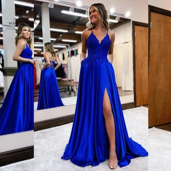 Elegantiškas Royal Blue Seniai Padalinta Prom Dresses Moterų 2023 Spagečiai Dirželiai Nėrinių Satino Oficialus Vakaro Suknelės, Šaliai