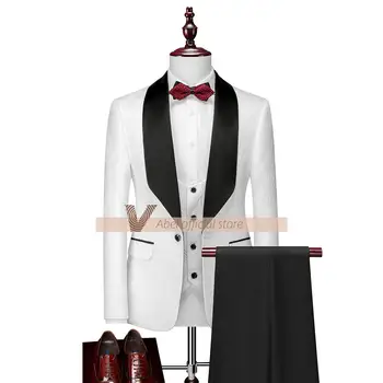 Elegantiškas Žakardo Vestuvių Smokingas Kostiumas: Satino Apykaklė, 3-dalių Rinkinys Vyrams (Švarkas+Liemenė+Kelnės)