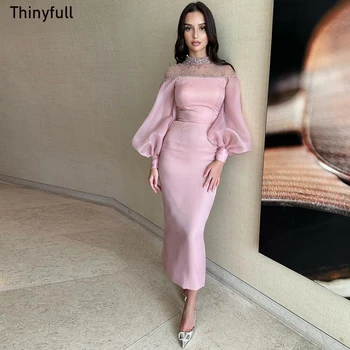 Thinyfull Saudo Arabija Undinė Vakarinę Suknelę Aukštu Kaklu Sequines Ilgai Reljefiniai Rankovėmis Prom Šalis Suknelė Satino Oficialus Suknelės